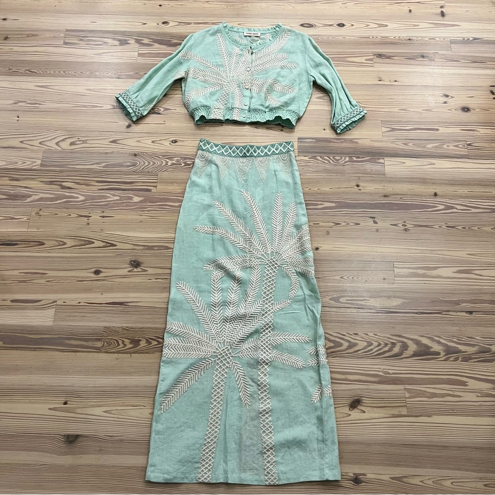Emprio Sirenuse Monika Palm Set (Skirt+Top) in Biscay Green 100% Linen - Picture 3 of 13